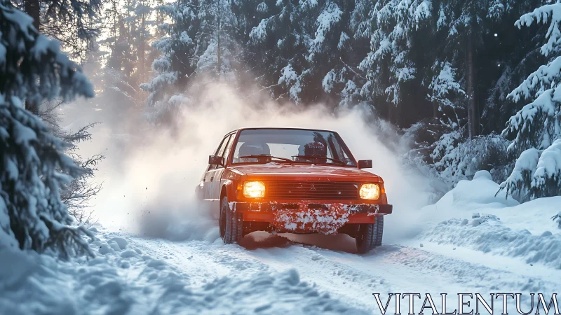 Vintage red sedan accelerates through snowy forest track at dusk