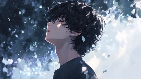 Solitary boy beneath shimmering leaves in soft light.