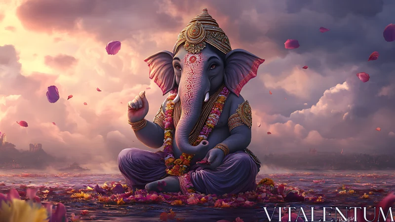 Divine elephant deity seated over lotus strewn water scene.