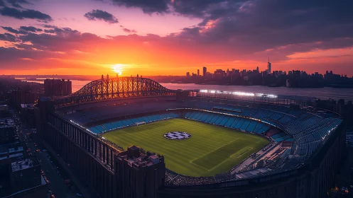 Sunset-illuminated urban football stadium rendered in photoreal detail
