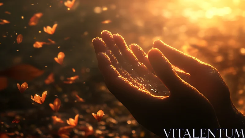 Backlit cupped hands catching glowing petals at golden hour.