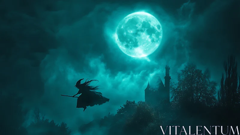 Witch silhouette crossing full moon above dark forest.