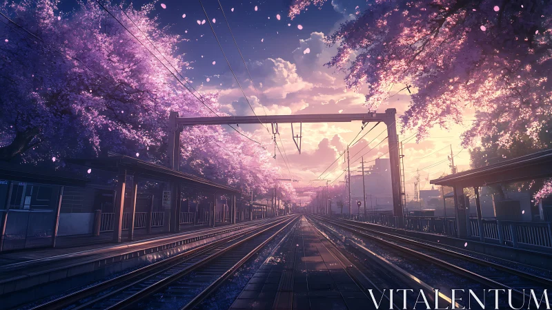 Twilight railway platform framed by luminous cherry blossoms