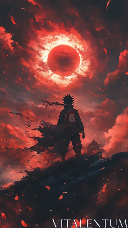 Lone shinobi beneath a burning crimson eclipse sky.