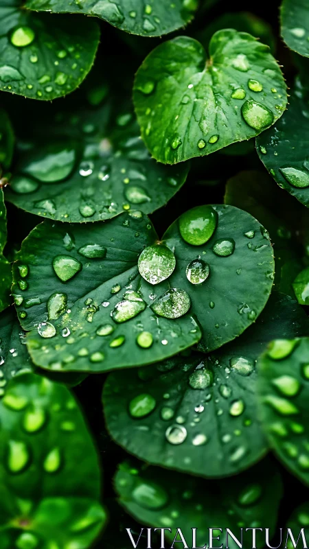 Dew-covered green leaves in tight macro botanical composition.