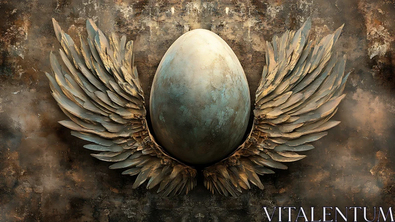 Winged metallic egg sculpture on distressed wall background.