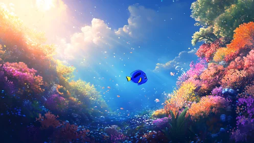 Cartoon reef fish swims through radiant digital coral canyon