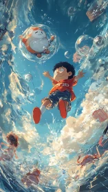 Child in zero gravity water tunnel with floating toy spheres