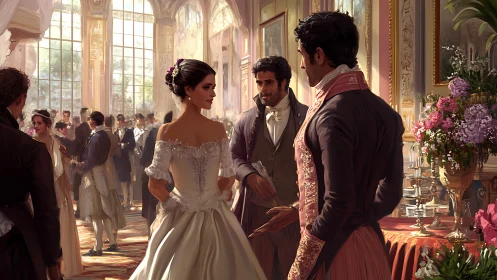 Regency ballroom dialogue under gilded afternoon light.