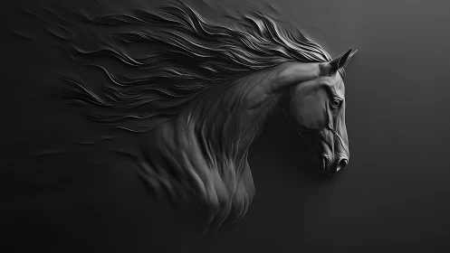 Midnight stallion emerges from shadow-sculpted darkness.