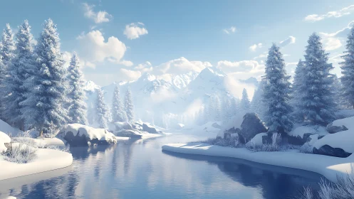 Winter alpine river beneath crystalline mountain light.