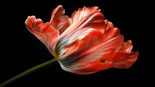 Macro study isolates a red parrot tulip in dramatic low-key lighting