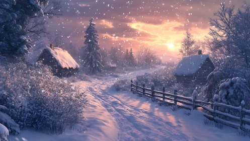 Snow covered cabins line a winding path at winter sunset