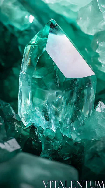 Transparent green crystal cluster is shown in close focus