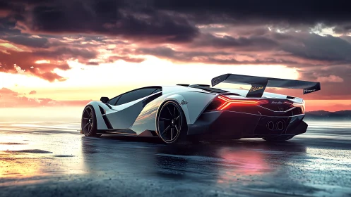 Rear three-quarter hypercar render captures dynamic sunset reflections