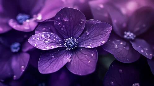 Purple petals jeweled with dewdrops capture nature's crystalline poetry. Perfect.