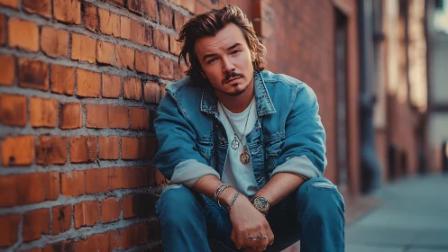 Man in denim clothing sits by brick wall in urban alley