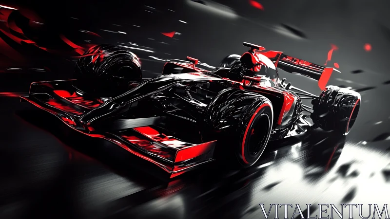 Red and black Formula race car in dynamic motion at speed.