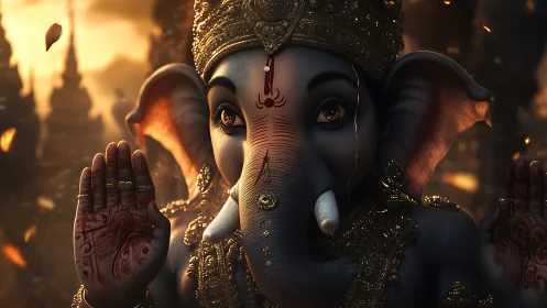 Regal Ganesha idol glows in warm cinematic sunset light.