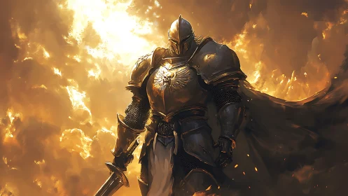 Sunlit paladin knight in blazing golden battlefield blaze.