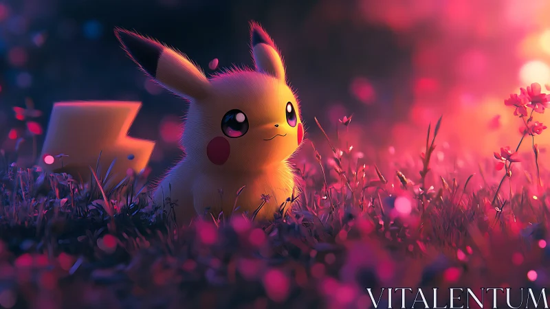 Pikachu rendered in luminous 3D bokeh field at sunset