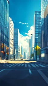 Sunlit glass city avenue in minimalist digital style.