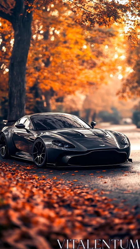 Sports car is parked on a tree-lined street in autumn