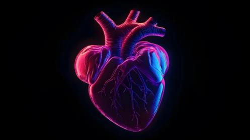 Neon Anatomical Heart Illustration with Futuristic Glow Effect.