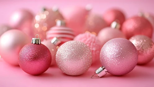 Pink glitter Christmas baubles arranged on soft pink background