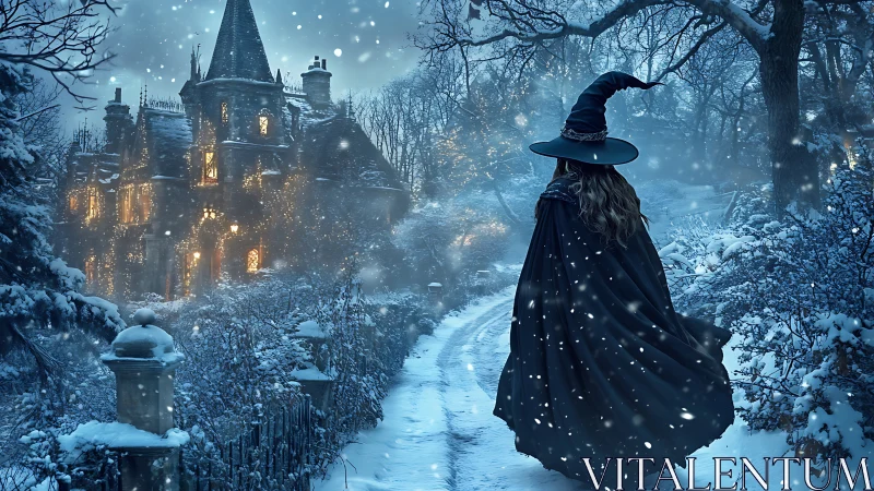 Solitary witch approaches a snowbound gothic manor at dusk