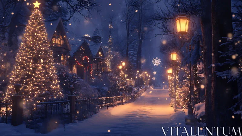 Snowy village street with glowing Christmas lights at night