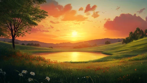 Sunlit meadow lake under vivid orange sunset sky.