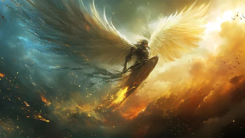 Winged guardian carves a blazing path between storm and sun