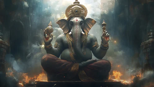 Elephant-headed deity sits cross-legged amid smoky ruins