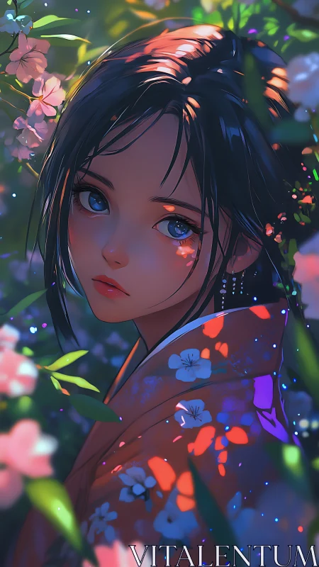 Anime portrait in floral bokeh with luminous rim lighting.