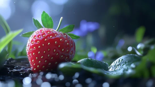 Morning dew crowns a strawberry like a tiny forest jewel