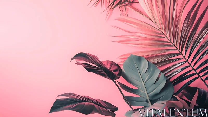 Tropical foliage arrangement on uniform pink background.