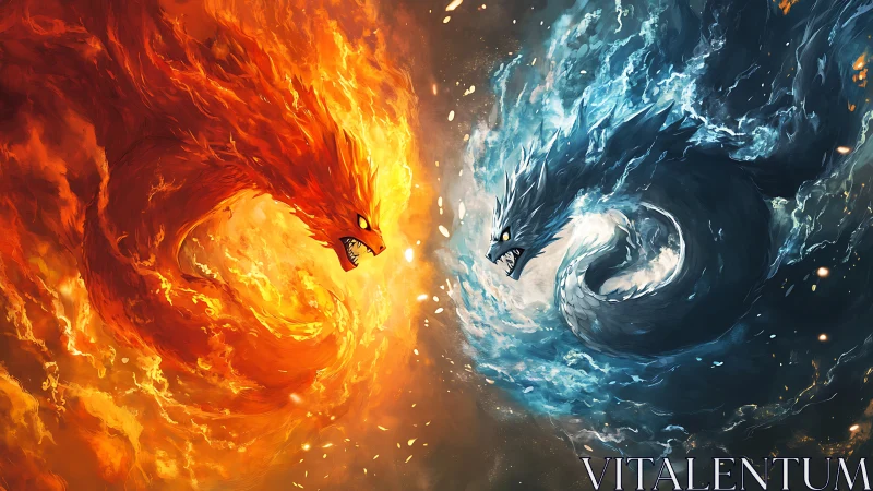 Elemental fire dragon collides with swirling ice serpent