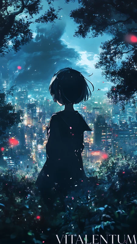 Solitary silhouette above neon city under twilight sky.