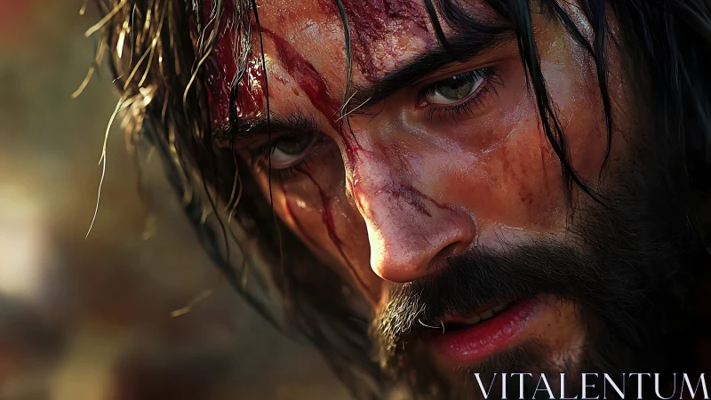 Wounded warrior’s gaze holding quiet strength and resolve.