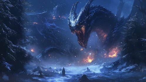 Colossal frost dragon looming over burning winter forest.