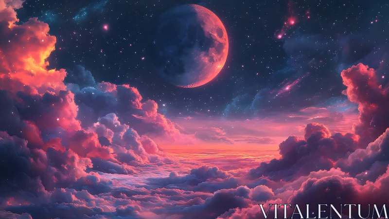 Lunar lantern above cotton candy clouds at cosmic dusk.