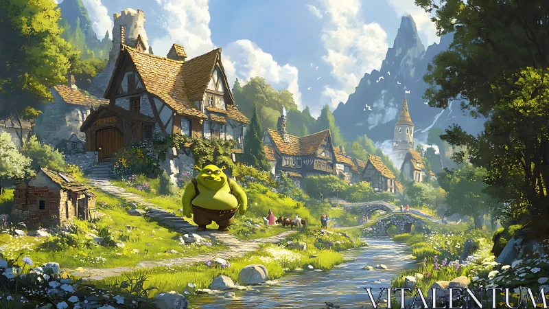 Green ogre in bright medieval riverside village landscape.