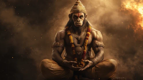Divine simian warrior in fiery meditative stillness.