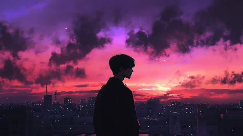 Silhouetted youth overlooks neon city under magenta sunset