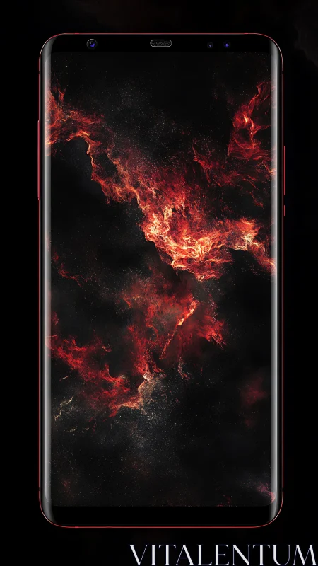 Bezel-less smartphone with red cosmic flame wallpaper.