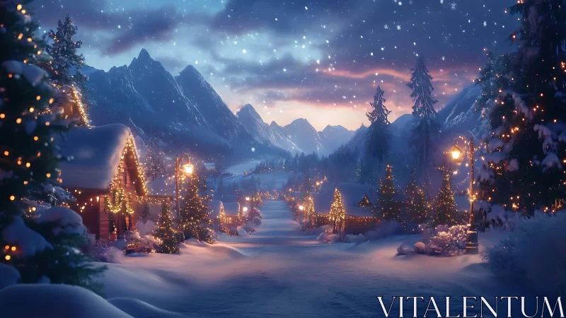 Snowy mountain village glows softly under festive winter stars