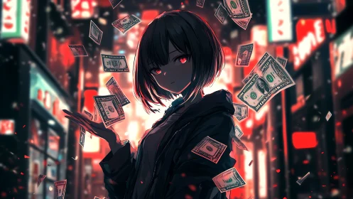 Girl in neon city with floating dollar bills at night.