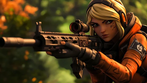 Focused blonde sniper aims down sights in vivid forest scene