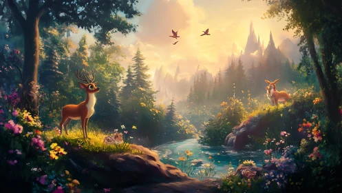 Whimsical Deer in Enchanted Forest at Sunrise, Digital Fantasy Art.